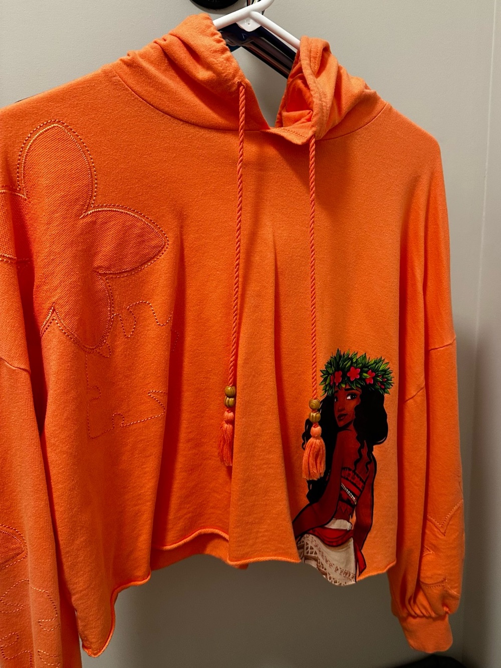 Disney Orange Hooded Off-Shoulder Sweatshirt with Tropical Moana Graphic
